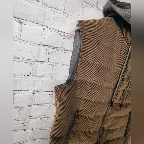 FRADI Down Corduroy Hooded Mens Vest Beige Grey Sz 52